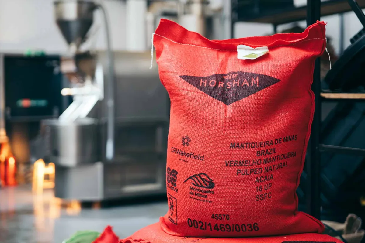 red sack of Horsham coffee beans